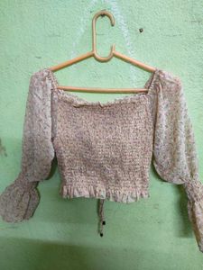 Floral Print Beige Multicolor Drawstring Crop Top