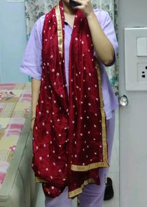 Pink Bandhani Dupatta w Golden Gota Patti &amp; Tassel