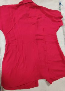 Red Collared Button-Down Top