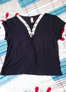 Women&#39;s Lace Tie Up V Neck Crop Top Casual Tshirt