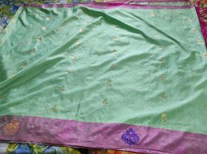 pista with pink soft silk. Saree