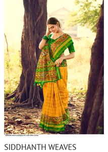 Yellow &amp; Blue Saree Cotton Silk