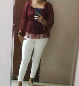 Women Maroon Net Trendy Peplum Top of Size L