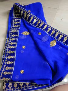 Blue Saree With velvet Golden Border 💙