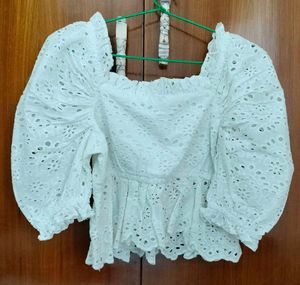 White Schiffli Peplum Coquette Top