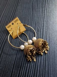 Antique Gold Hoop Jhumkas with Pearl Beads