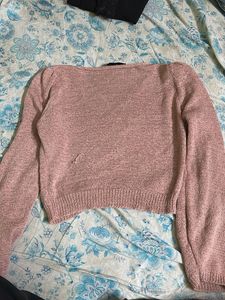 Blush Breeze Pink Netted Wool Top – Sheer Long Sle