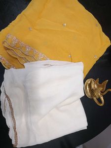 Yellow Embroidered🟡 &amp; White Lace🤍 Dupatta Set