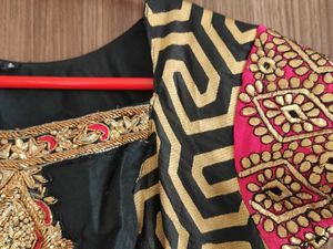 Black &amp; Gold Cutout Party Dress with Pink Sleeves