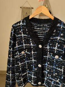 BLUE TWEED PLAID  BUTTONED DOWN CARDIGAN