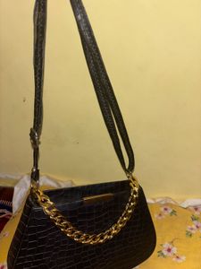 Black Faux Croc Shoulder Bag with Gold Chain