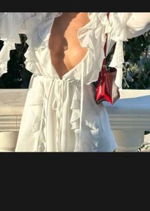 White Plunge Neck Ruffle Top