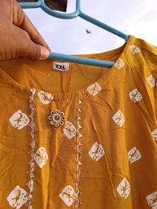 Mustard Kurti with white pattern