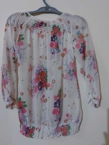 White Printed Ballon Shaped Georgette Sheer Top