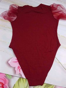 (100)Red Tulle Sleeve Bodysuit
