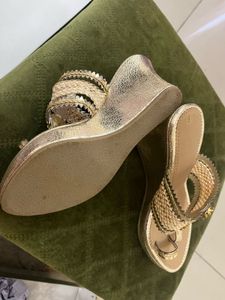 New Gold Wedge Bridal Heel Sandals With Sticker
