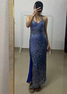 Backless Blue Sequins Strap Slit Midi Dress