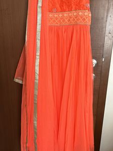 Set Of 3-Ethenic Anarkali Padded Gown,Dupatta,pant
