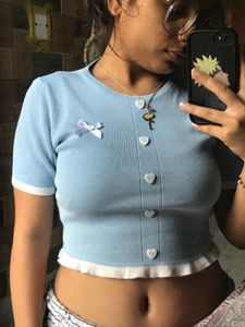 Blue Heart Button Crop Top