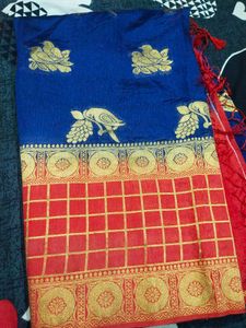 Blue &amp; Gold Bird Motif Saree