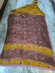 Brown &amp;Yellow Rajasthani Tie Dye Heavywork Saree