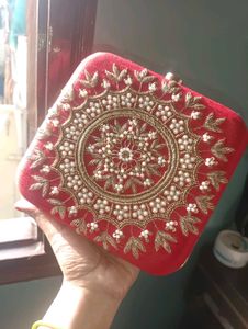 Red And Gold Toned Hand Embroidered Clutch