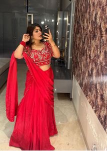 Red Embroidered pre draped saree new