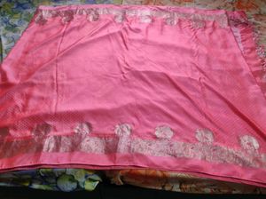 peach Pink Silk Saree With silver detailing