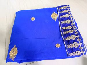 Blue Saree With velvet Golden Border 💙