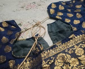 Blue &amp; Gold Sari With Designer Blouse