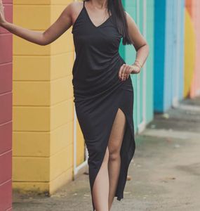 Black V Neck Dress With Side Slit