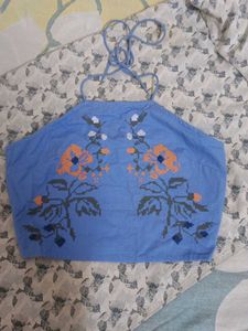 Blue Embroidered Halter Top