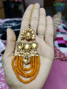 Mustard Earrings With Maangtika