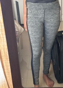 Gray Athletic Leggings with Black Stripe