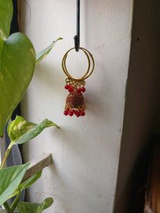 Red Beaded Jhumka Earrings