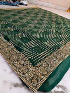 Green &amp; Gold Embellished Saree