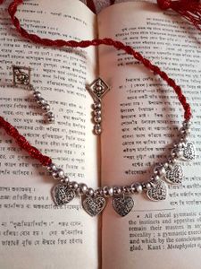 Silver Necklace With Red Silk Thread Dori.