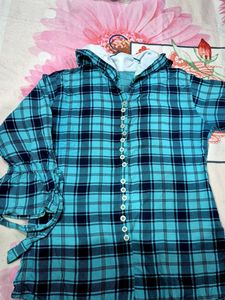 Blue Checkered Hooded Top