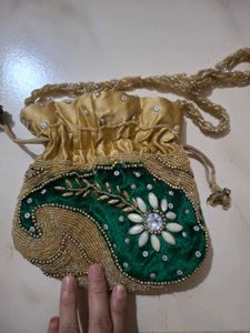Potli Bag: Green Velvet &amp; Gold Beads