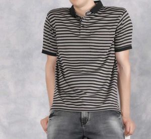 Men Striped Polo Neck Polyester Black T Shirt