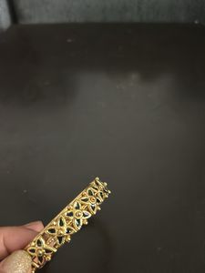 Set Of 2 Bangles Golden With Green Studs Design