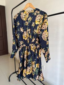 Yellow Bluish Floral Print Drop Waist Midi Dress