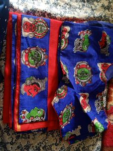 Red Color Cotton Saree With Blue Blouse