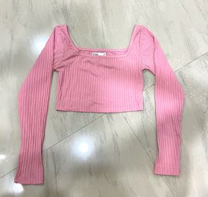Pink Ribbed Long Sleeve Crop Top