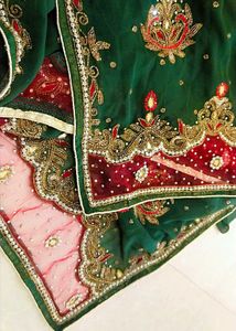 Bridal Zari Work Stone Embroidery Green & Red Sare