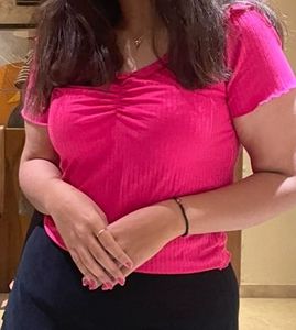 Ribbed Pink Ruched V-Neck Top