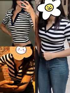 Korean Black &amp; White Striped V Neck Rib Top