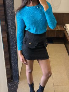 Sparkling sequins Blue fine Knit Sweater