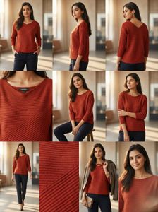 Cotton Red Ribbed Turtleneck Sweater Top Women