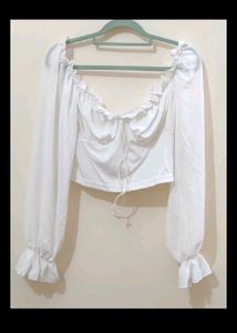 White Sheer Sleeve drawstring Crop Top